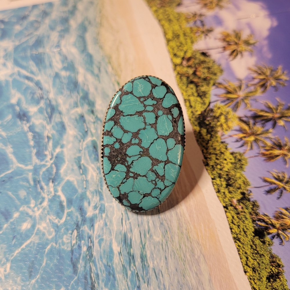 Oversized Turquoise Statement Adjustable Ring Sol… - image 2